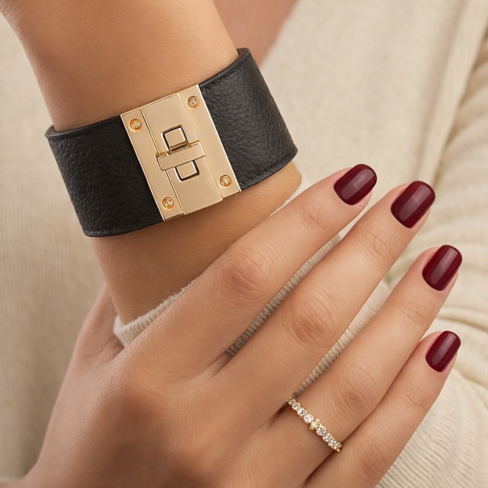 Elegant Black Leather Gold Lock Cuff | Chunky Gold Hardware Luxury Bracelet